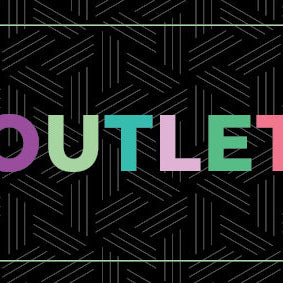 Colorful letters spelling "OUTLET" within a thin border with dark geometric designed background.