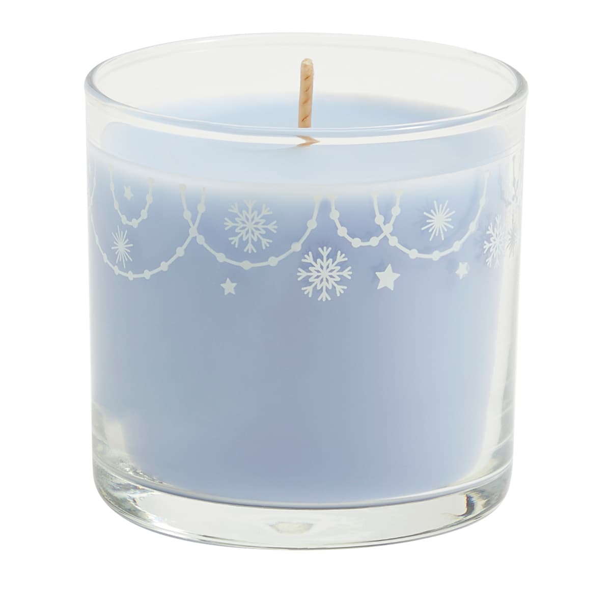 Snowflakes & Cotton Mini Jar Candle, with white snowflakes decorating the top of the glass jar the wax is a light blue color shown against a white background.