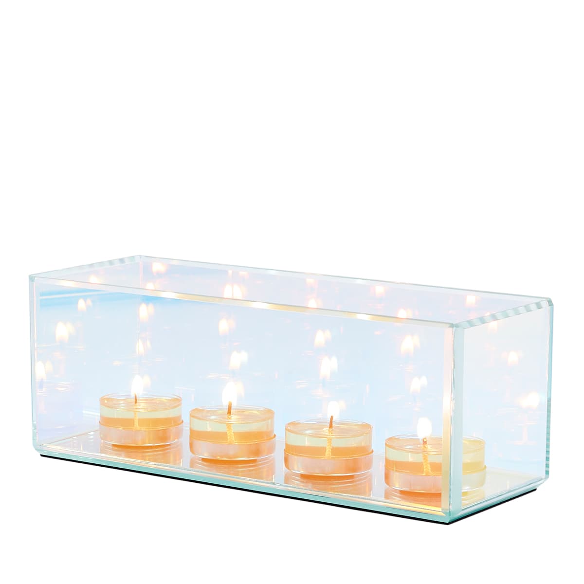 Infinite Reflections Centerpiece, shown with 4 lit tealights against a white background.