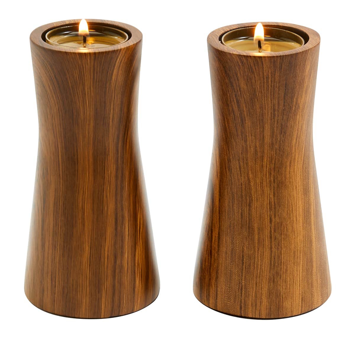 A pair of faux bois tealight holders with lit candles inside, mimicking a wood grain appearance.