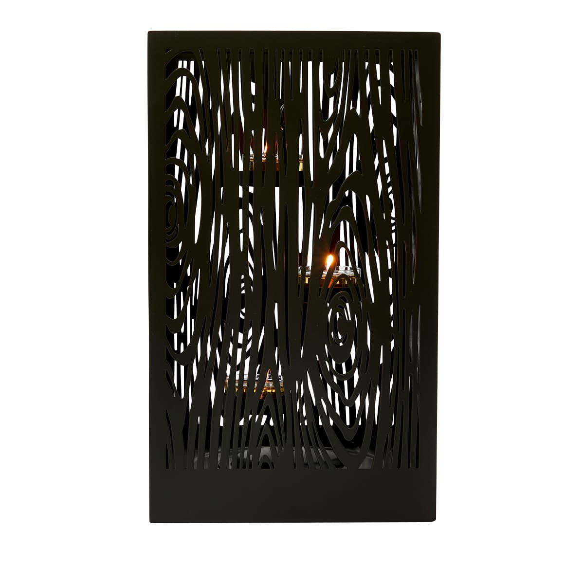 Wood Grain Hurricane shown with tealights lit in the tealight tree on a white background.