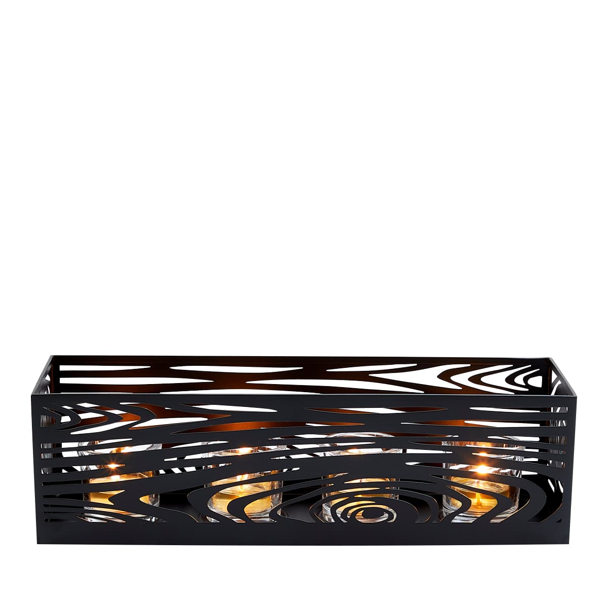 Wood Grain Centerpiece with lit tealight candles against a white background.