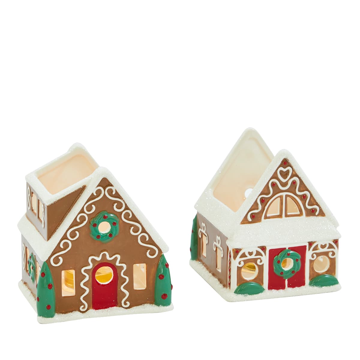 Gingerbread Village Tealight Holder Pair against a white background.