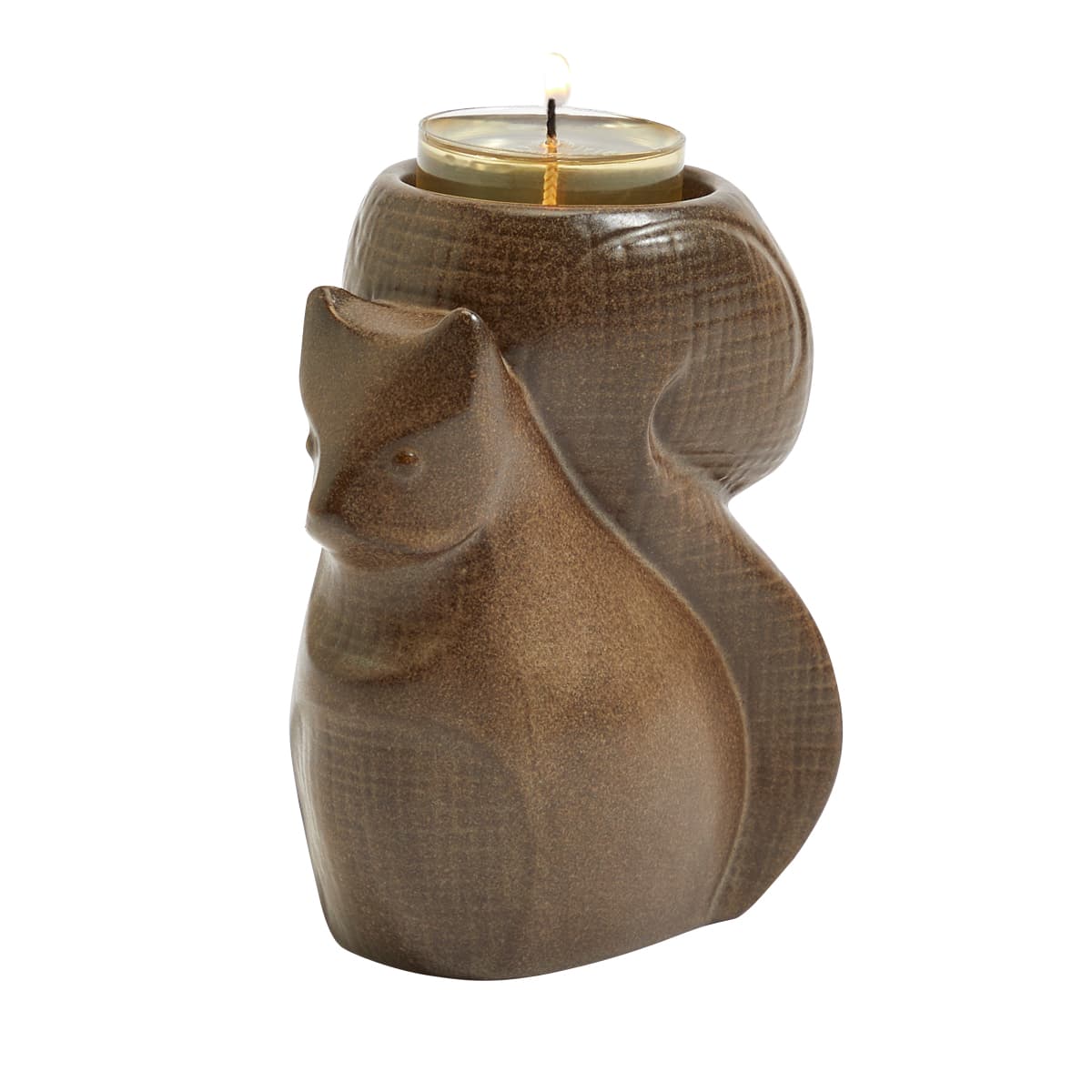 A brown ceramic tealight holder in the shape of a squirrel with a textured finish.
