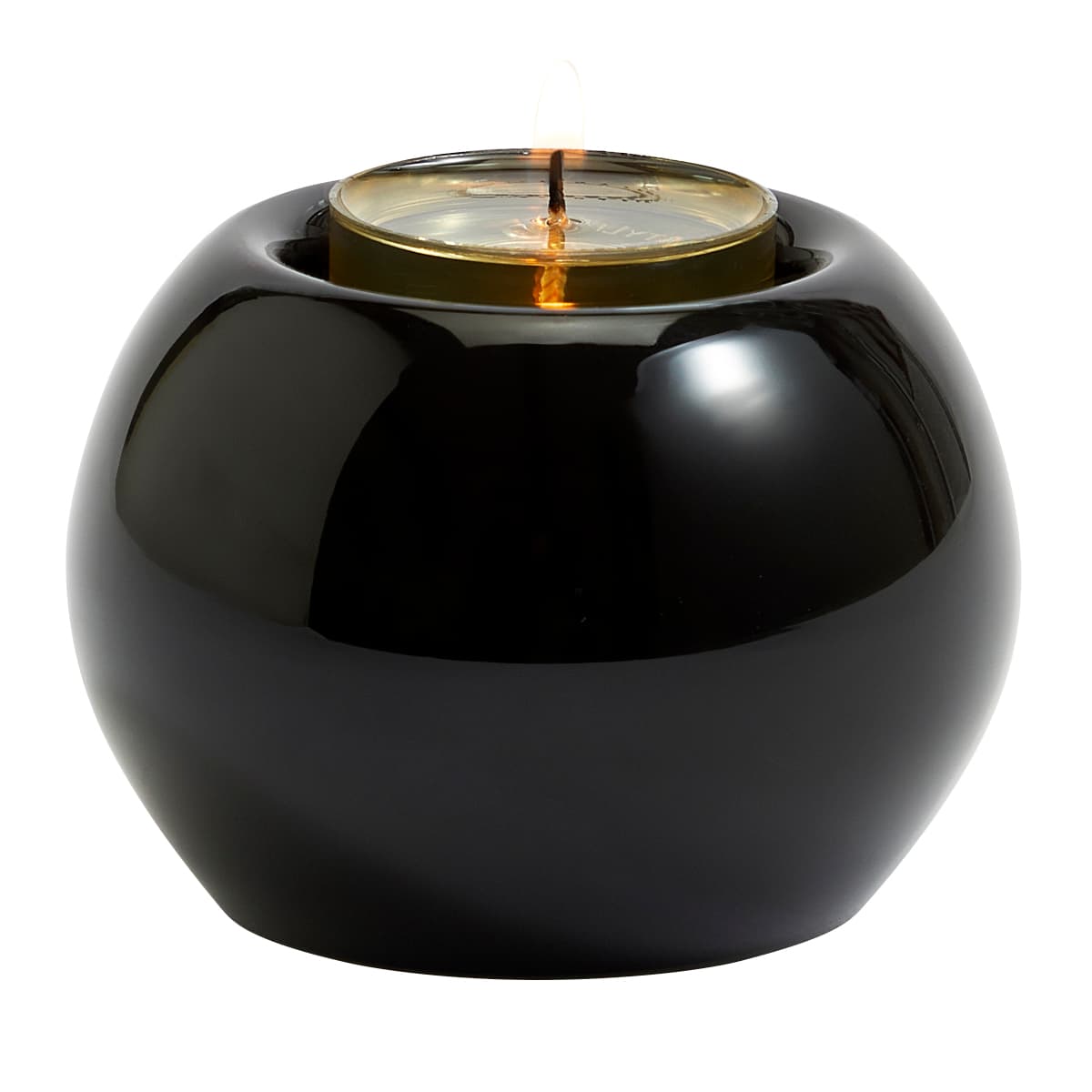 Tranquil Orb Tealight Holder black in color with a lit tealight against a white background.