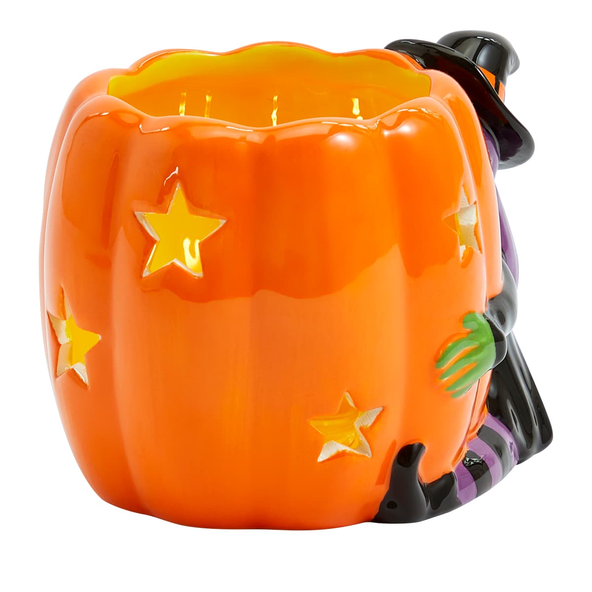 Witch-Way Tealight Holder, Witch hugging a orange pumpkin shaped holder against a white background.