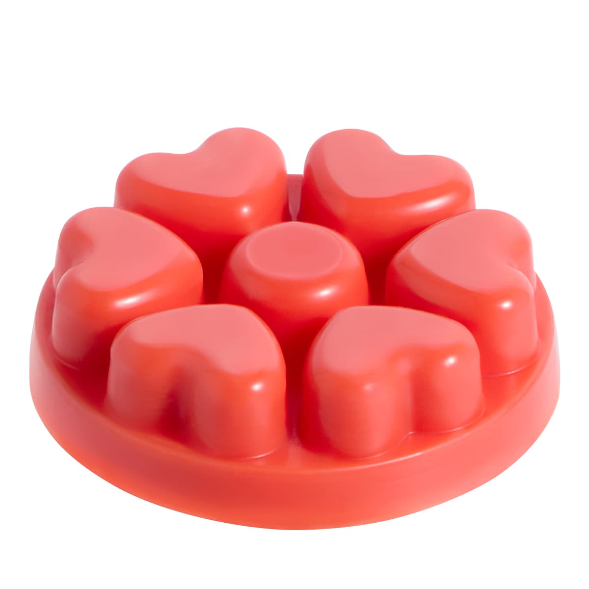 Berry & Bright heart shaped wax melts against a white background.