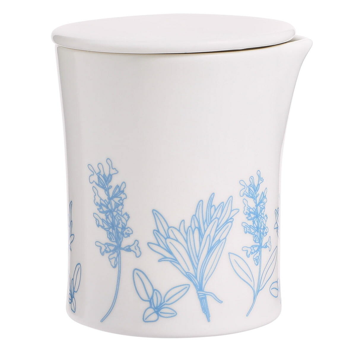 Sea Salt and Sage Massage candle in a white ceramic container with blue floral patterns on a white background.