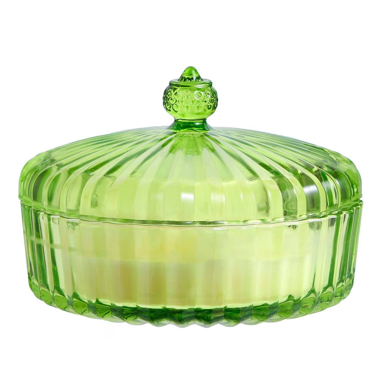 Garden Beauty Specialty Jar - Sunlit Greenhouse, green glass jar shown with the lid on against a white background.