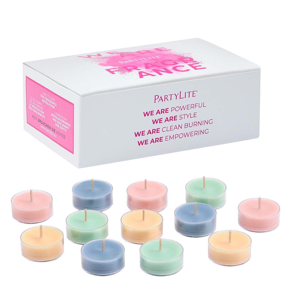 Coastal Farmhouse 12-Piece Tealight Sampler an assortment of pastel colored tealights shown with the tealight box.