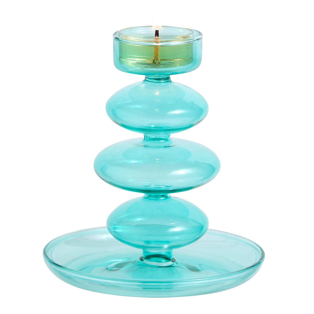 Blue Waves Tealight Holder shown with a lit tealight against a white background.