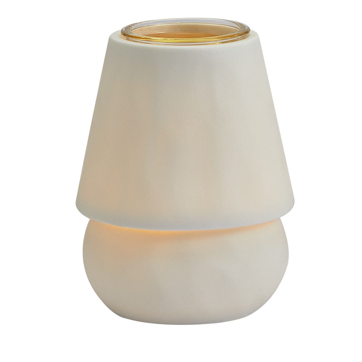 A beige, Mediterranean-inspired plug-in wax melt burner with LED lights glowing from within.