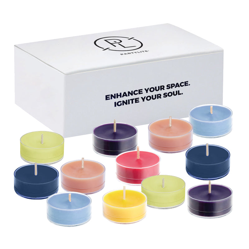 Spring Seasonal Tealight Sampler, with colourful tealights, shown with the PartyLite box against a white background.