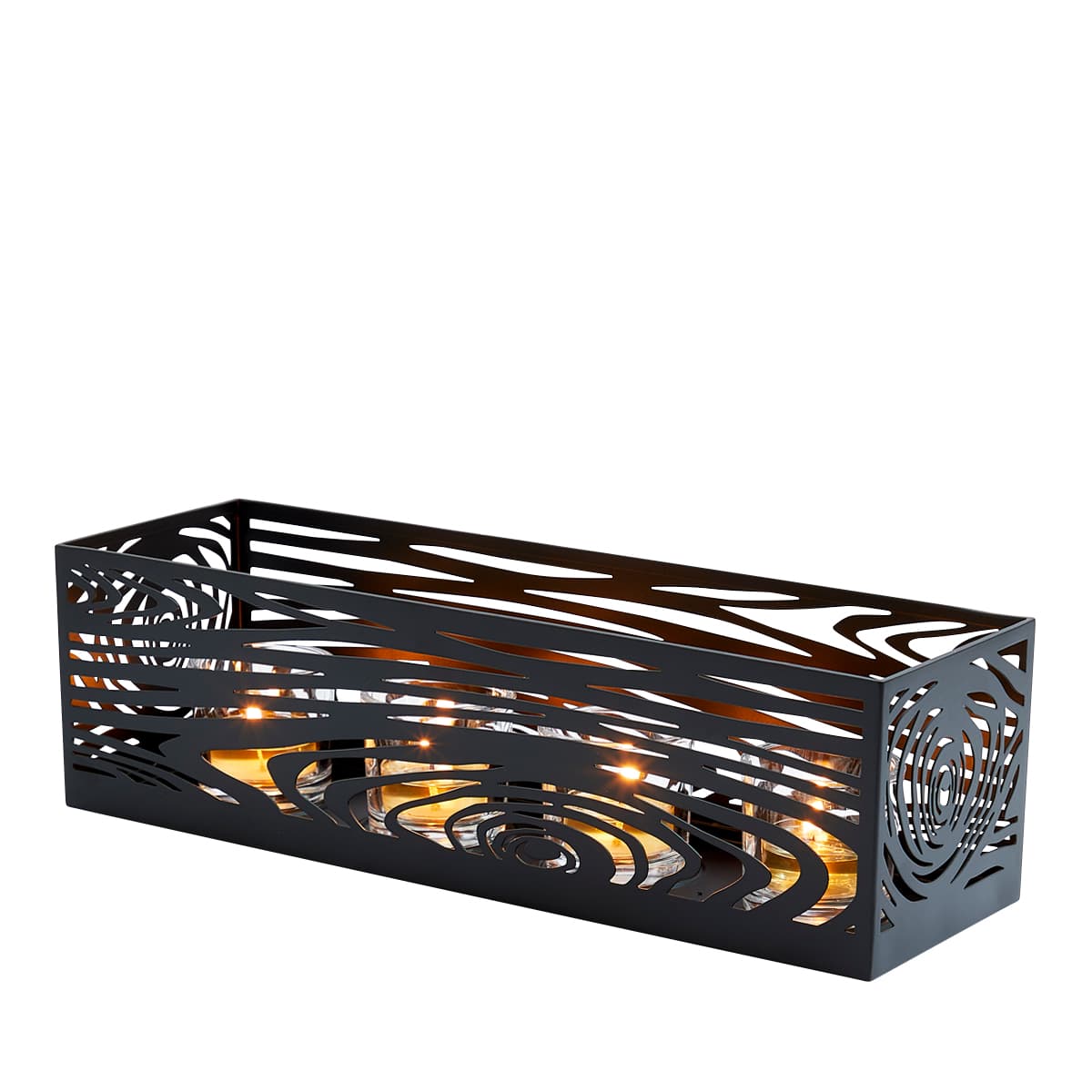 Wood Grain Centerpiece with lit tealight candles against a white background.