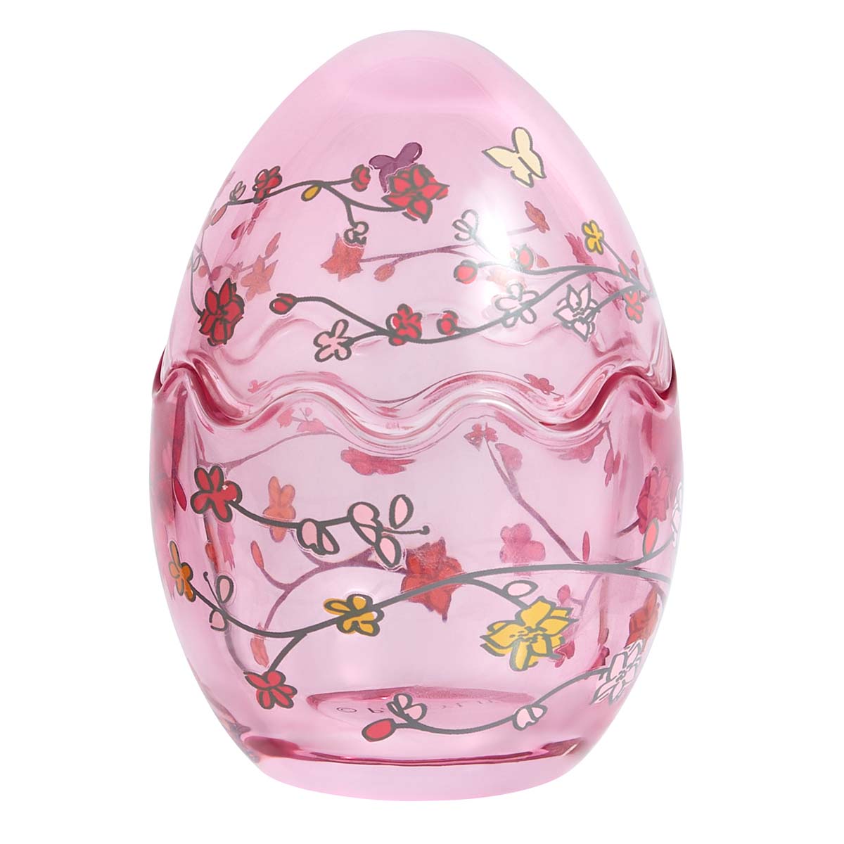 Flowered Egg Tealight Holder pink glass holder against a white background.