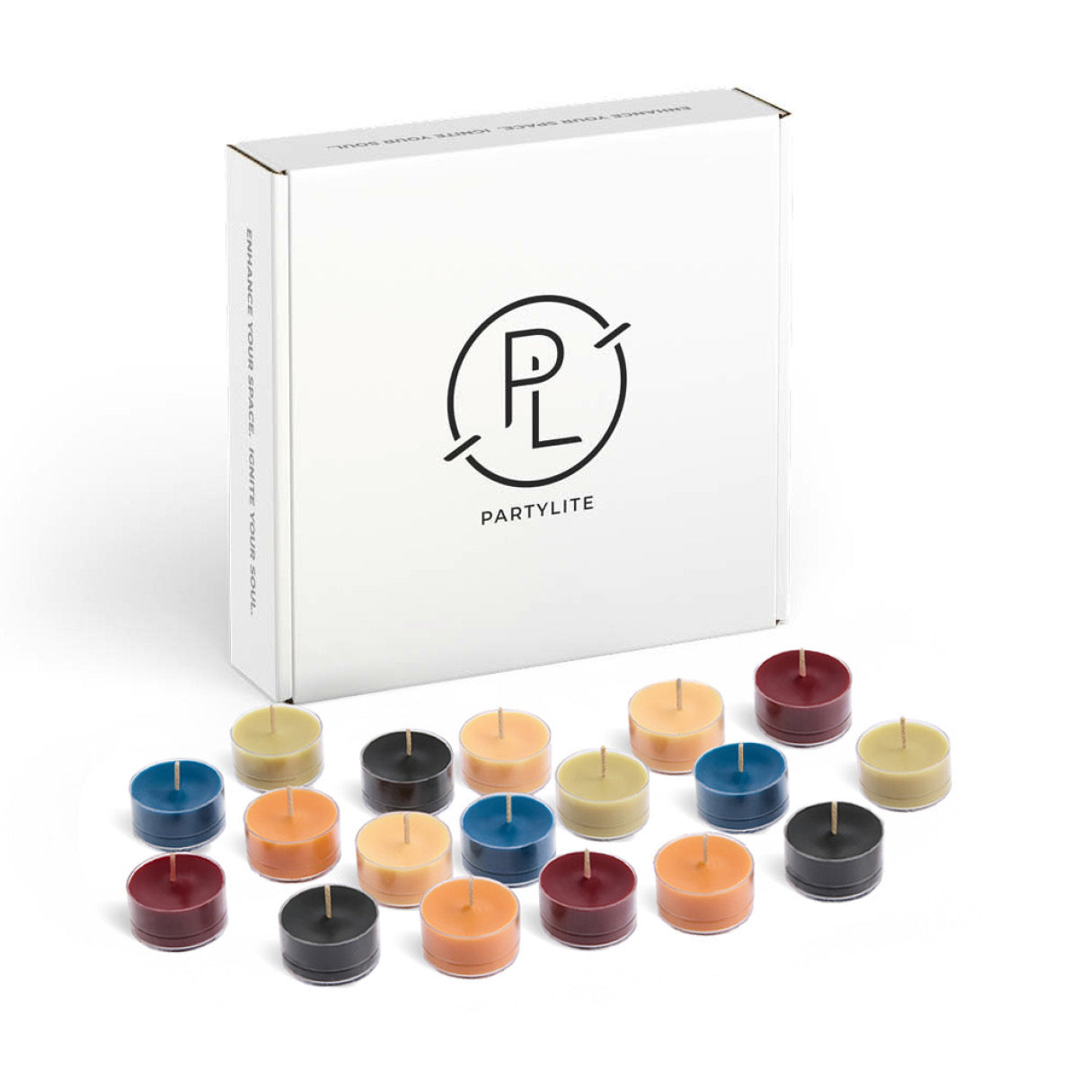 Multiple tealights from the Mood 50-Piece tealight sampler displayed in front of the tealight box with the PL logo