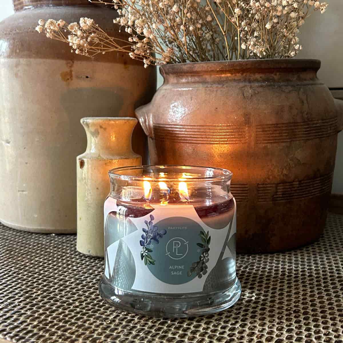 Alpine Sage 3-Wick Jar Candle lit with pots of flowers in the background.