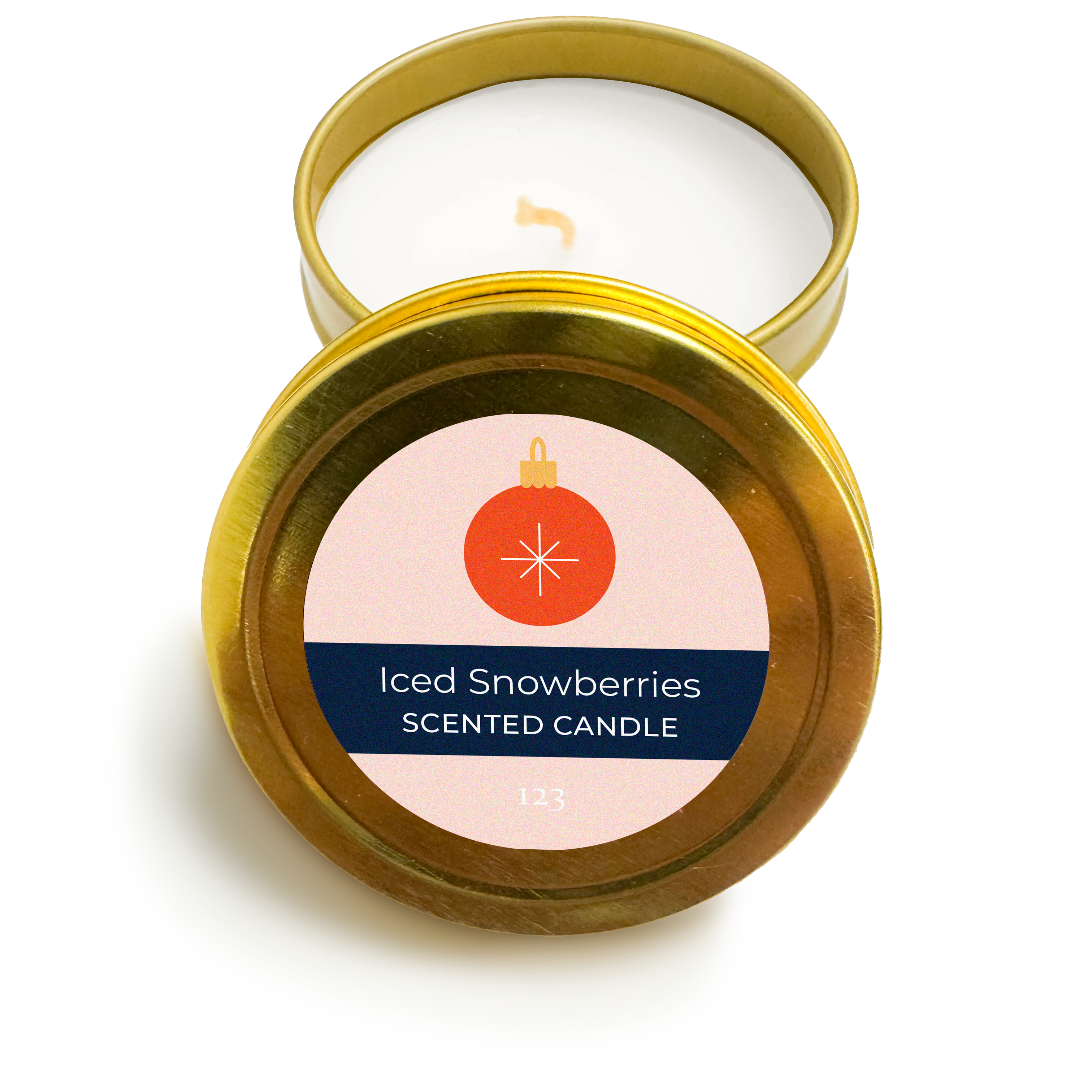 Scented candle in a gold tin with a decorative label on a white background