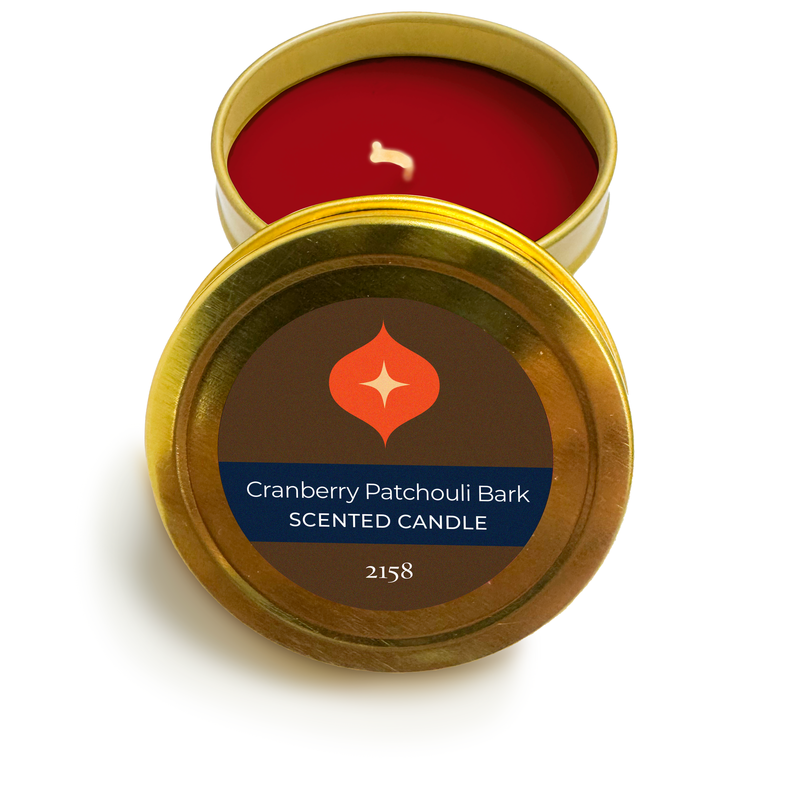 Cranberry Patchouli Bark scented candle in a gold tin on a white background