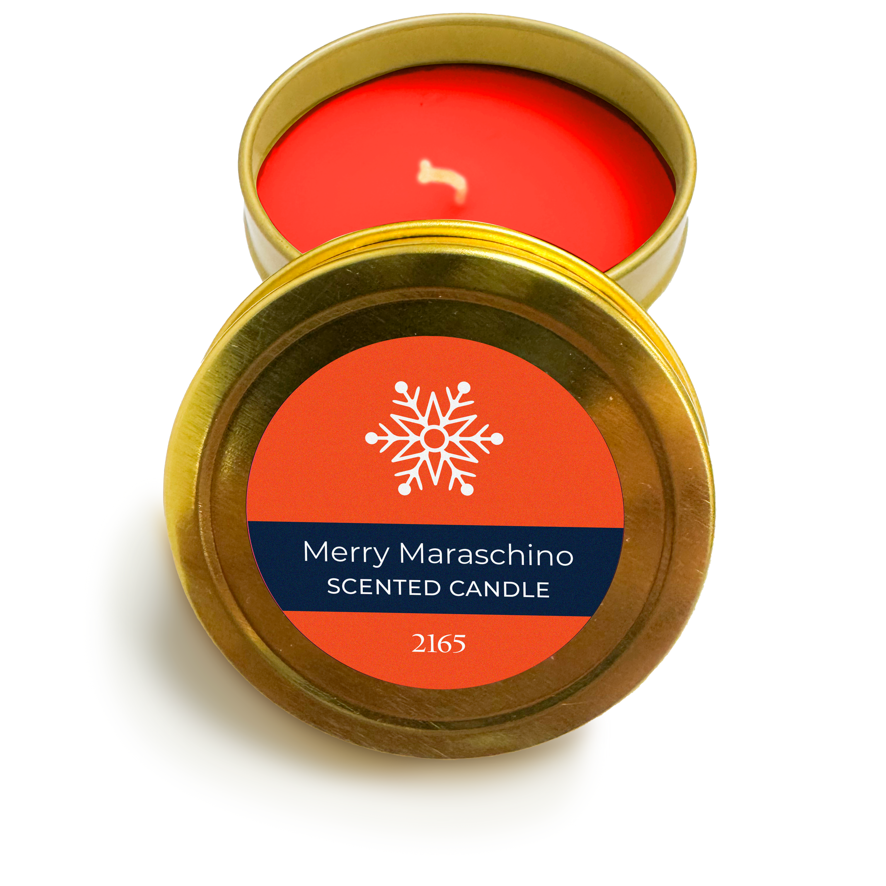 Merry Maraschino scented candle in a gold tin with an orange label on a white background