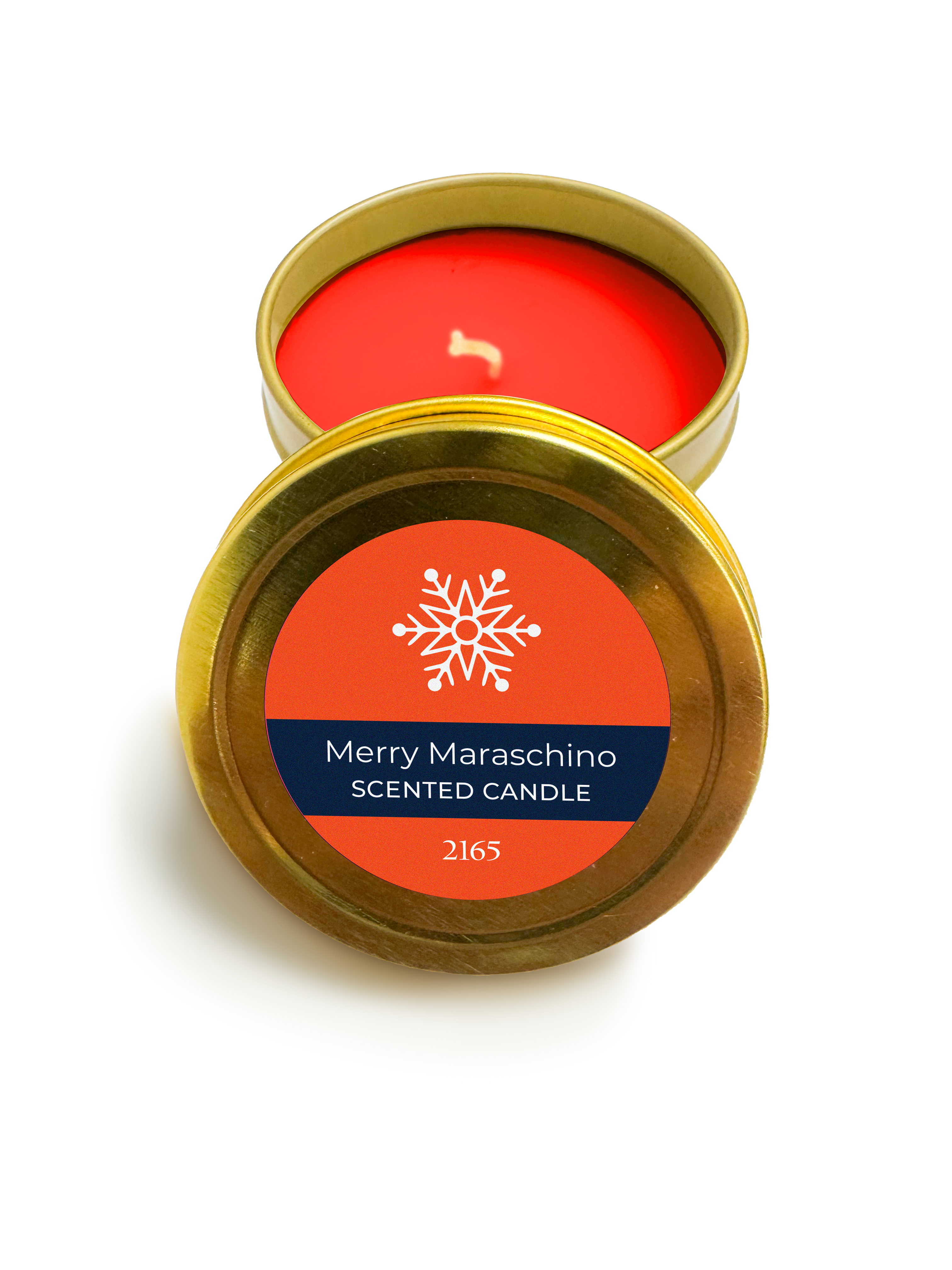 Merry Maraschino scented candle in a gold tin with an orange label on a white background