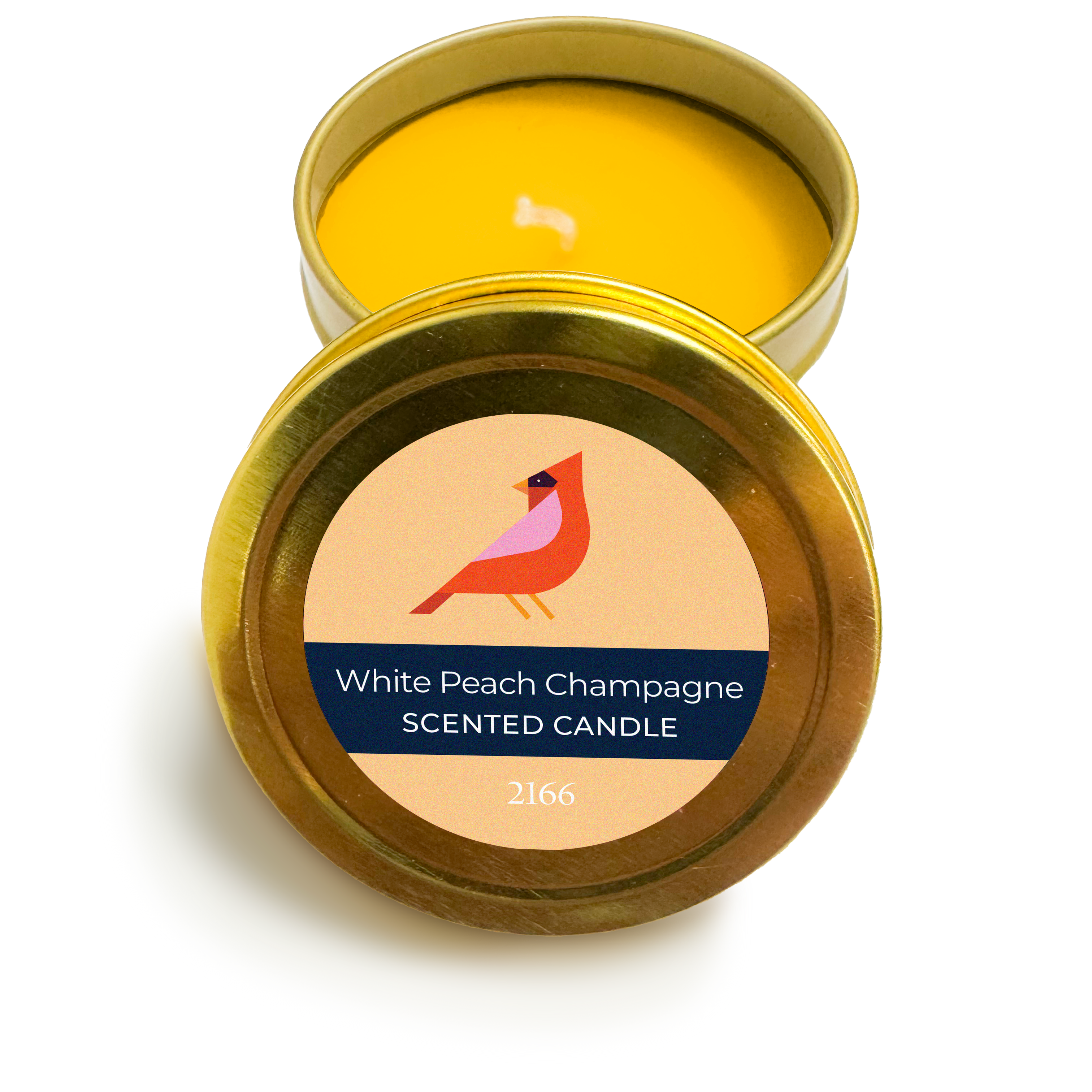 Scented candle in a gold tin with a label featuring a cardinal and 'White Peach Champagne' text on a white background.