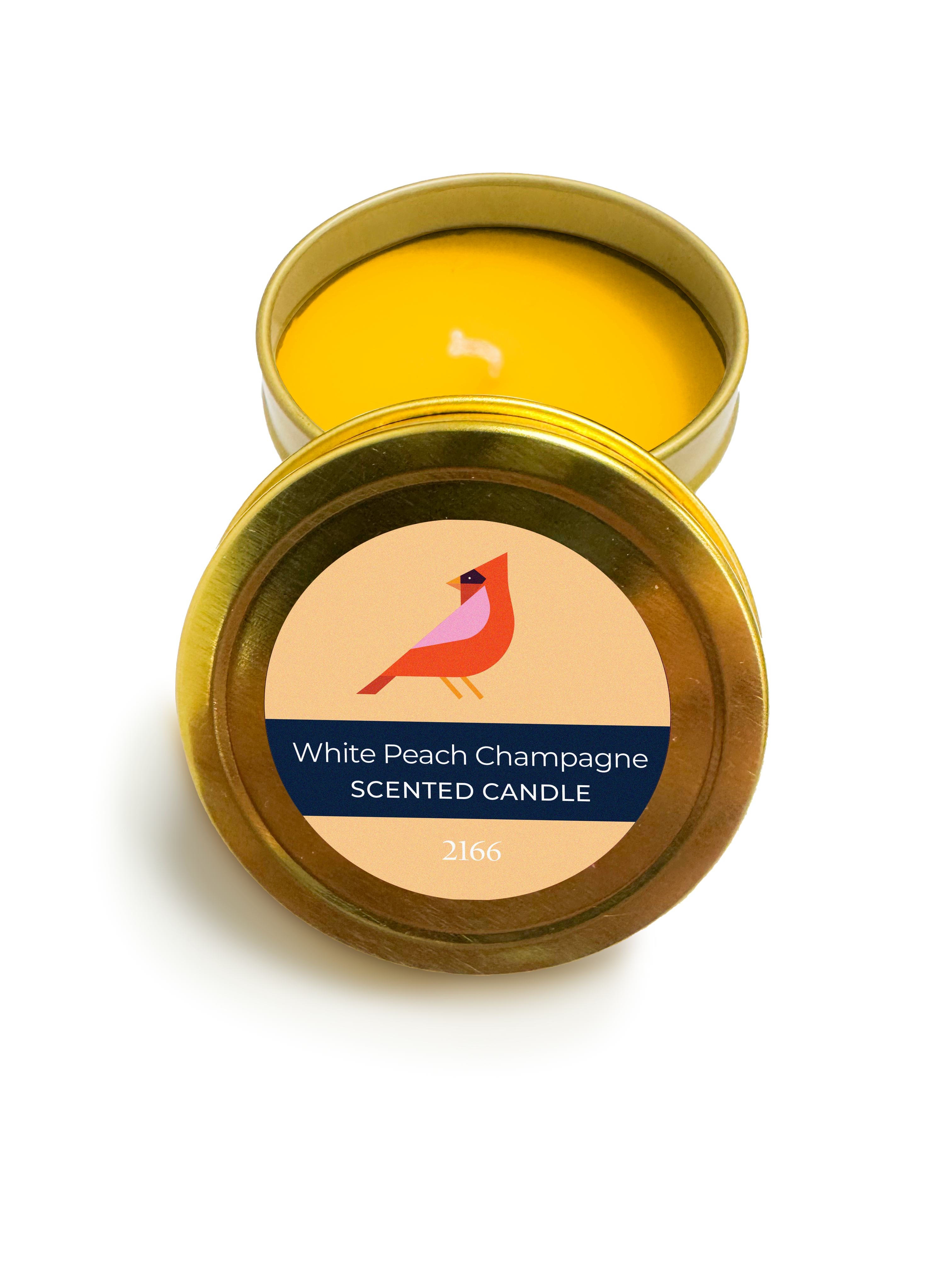 Scented candle in a gold tin with a label featuring a cardinal and 'White Peach Champagne' text on a white background.