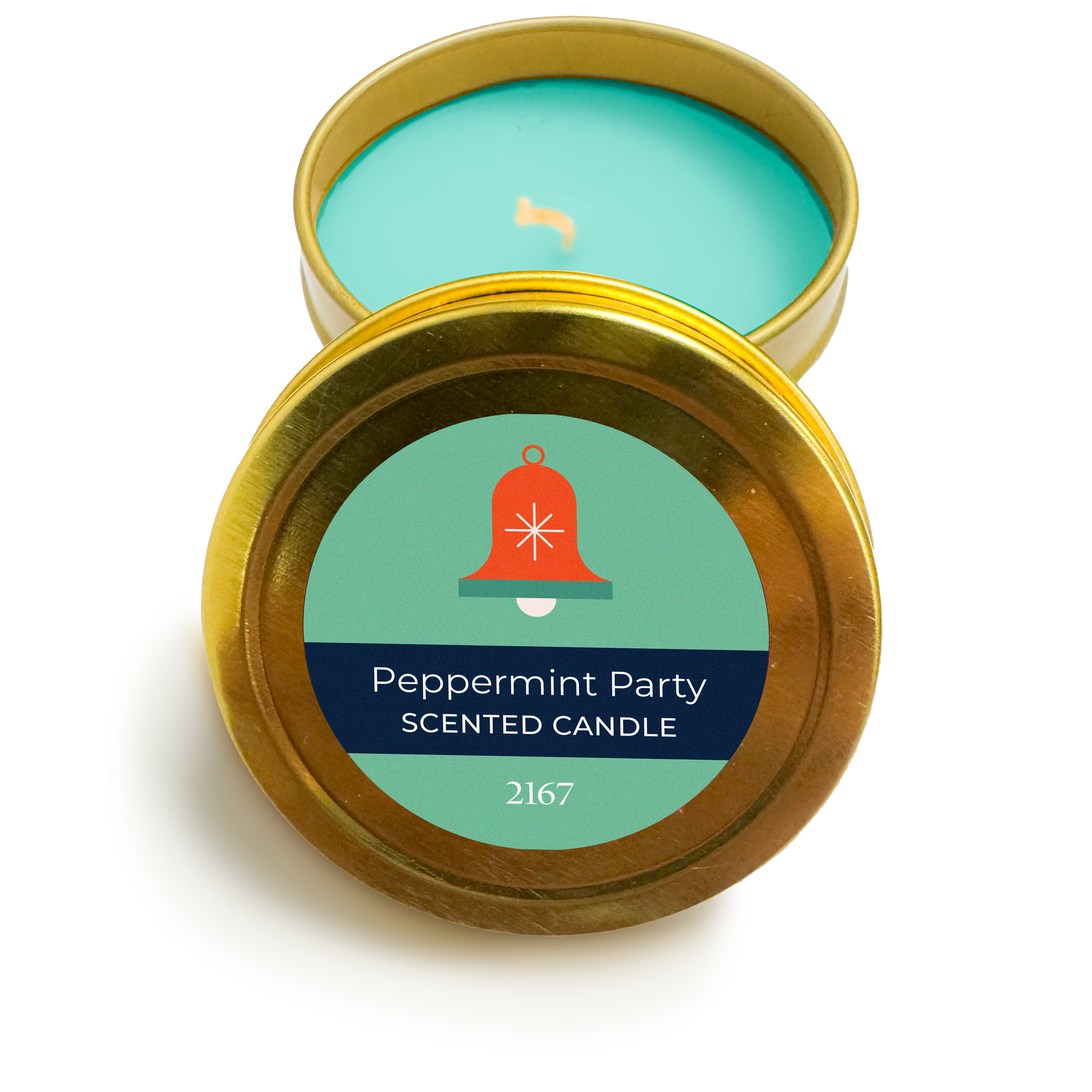 Peppermint Party scented candle in a gold tin with a green label on a white background