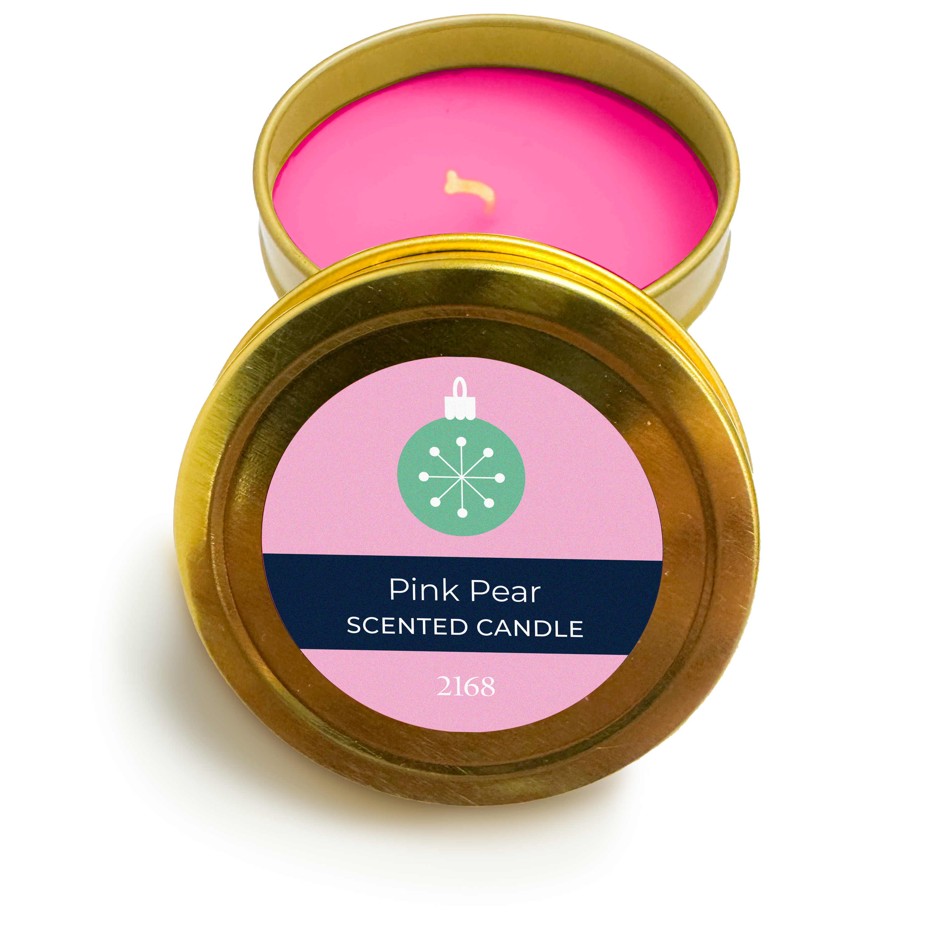 Pink Pear scented candle in a gold tin with a label on a white background