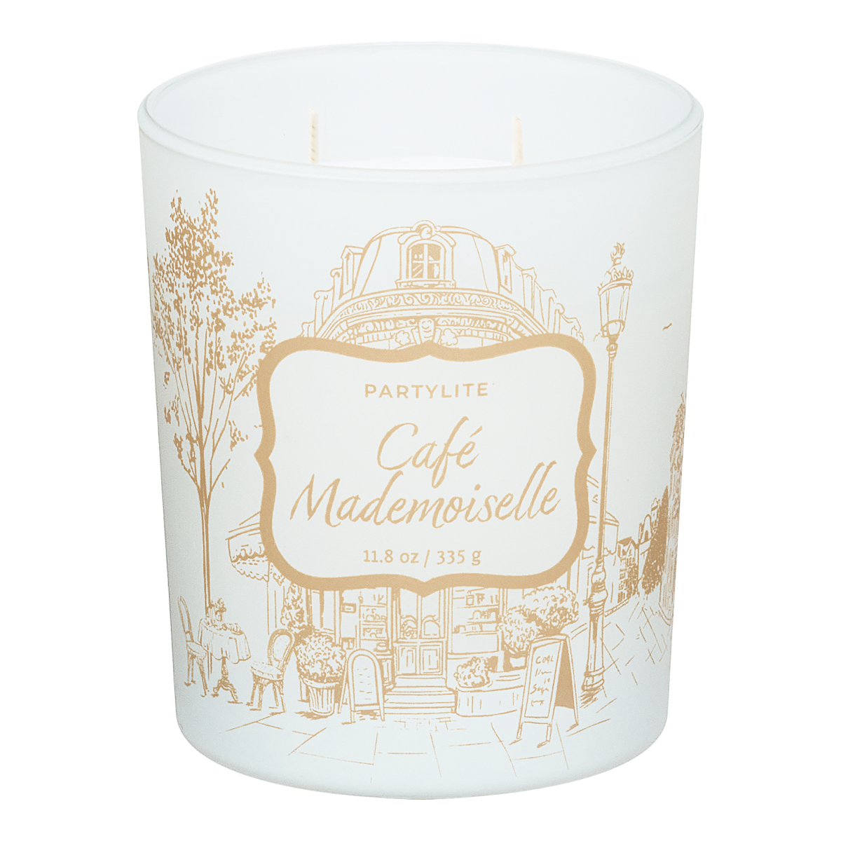 Candle with 'Café Mademoiselle' design on a white background