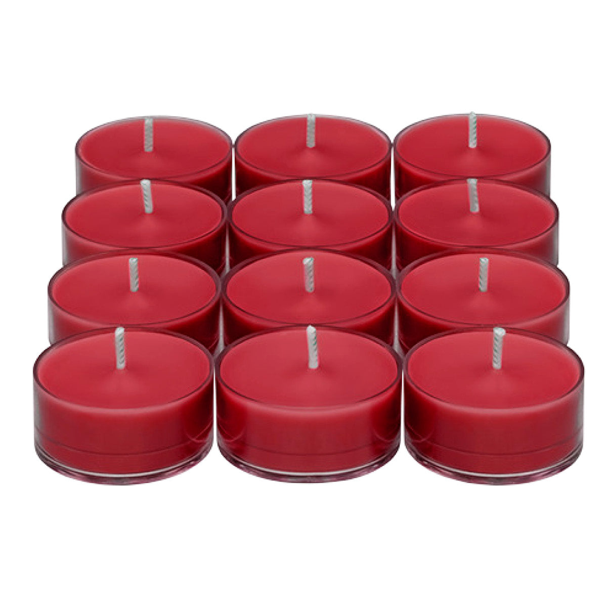 Twelve Cranberry Patchouli Bark Tealights against a white background
