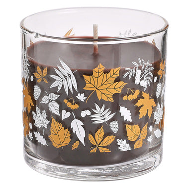 Fireside Hinoki Mini Jar Candle with Autumn leaves on the jar, against a white background.