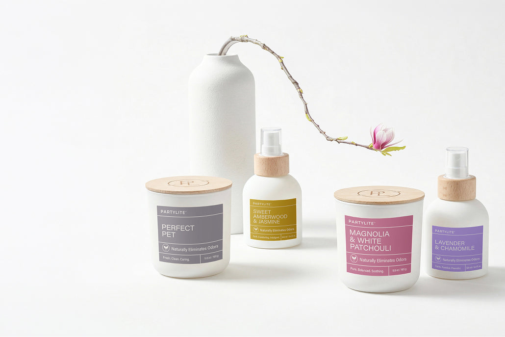 Fresh home jars and room sprays on a white background. Vase with flower behind them.