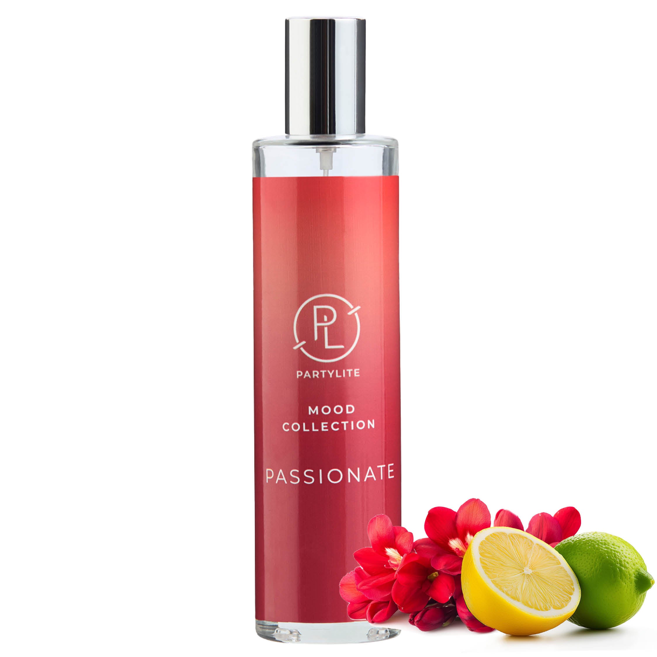 Red room spray bottle labelled 'Passionate' from the Mood Collection on a white background with lemon, lime and red flowers.