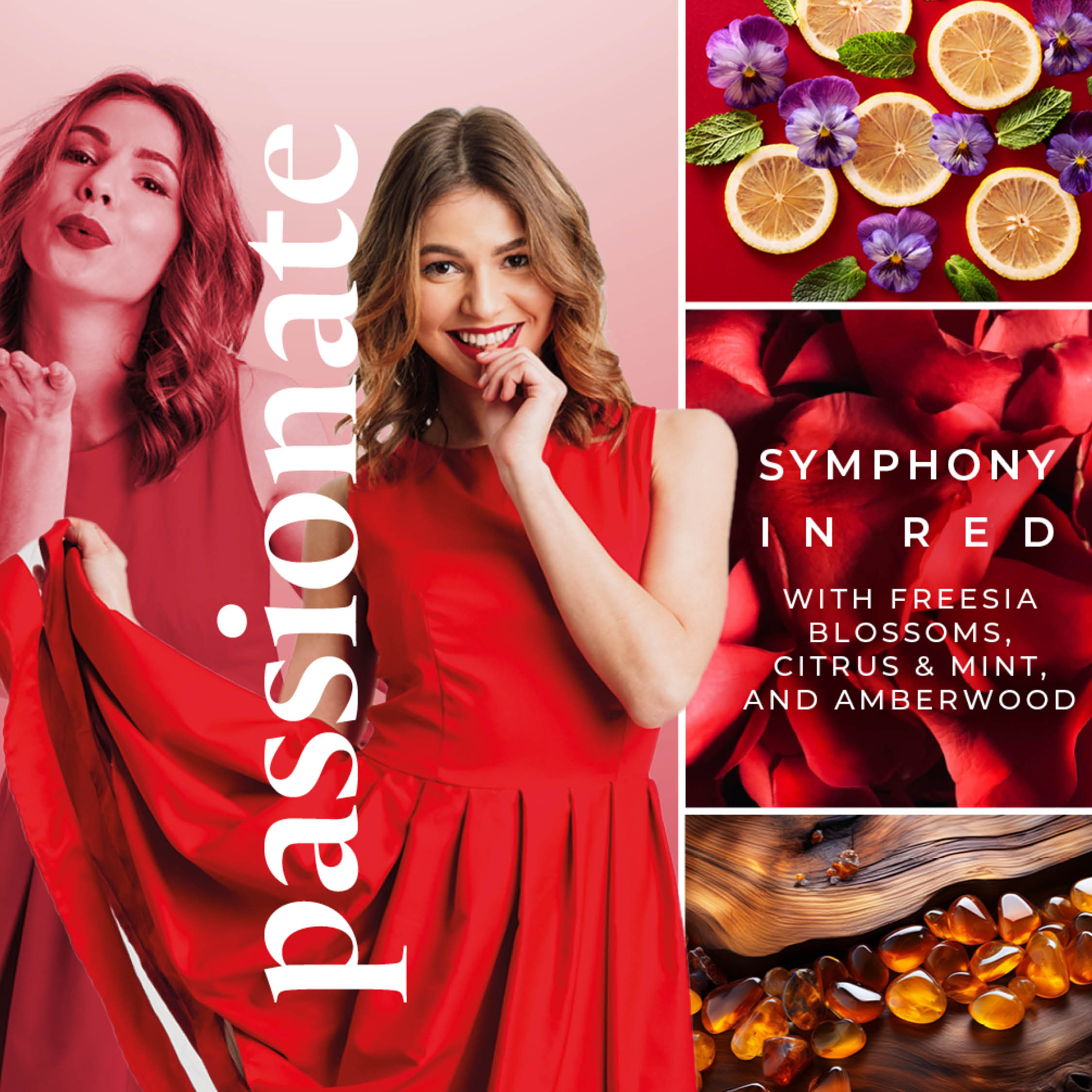 Woman in a red dress with 'passionate' text and images of flowers and amber on a pink background.