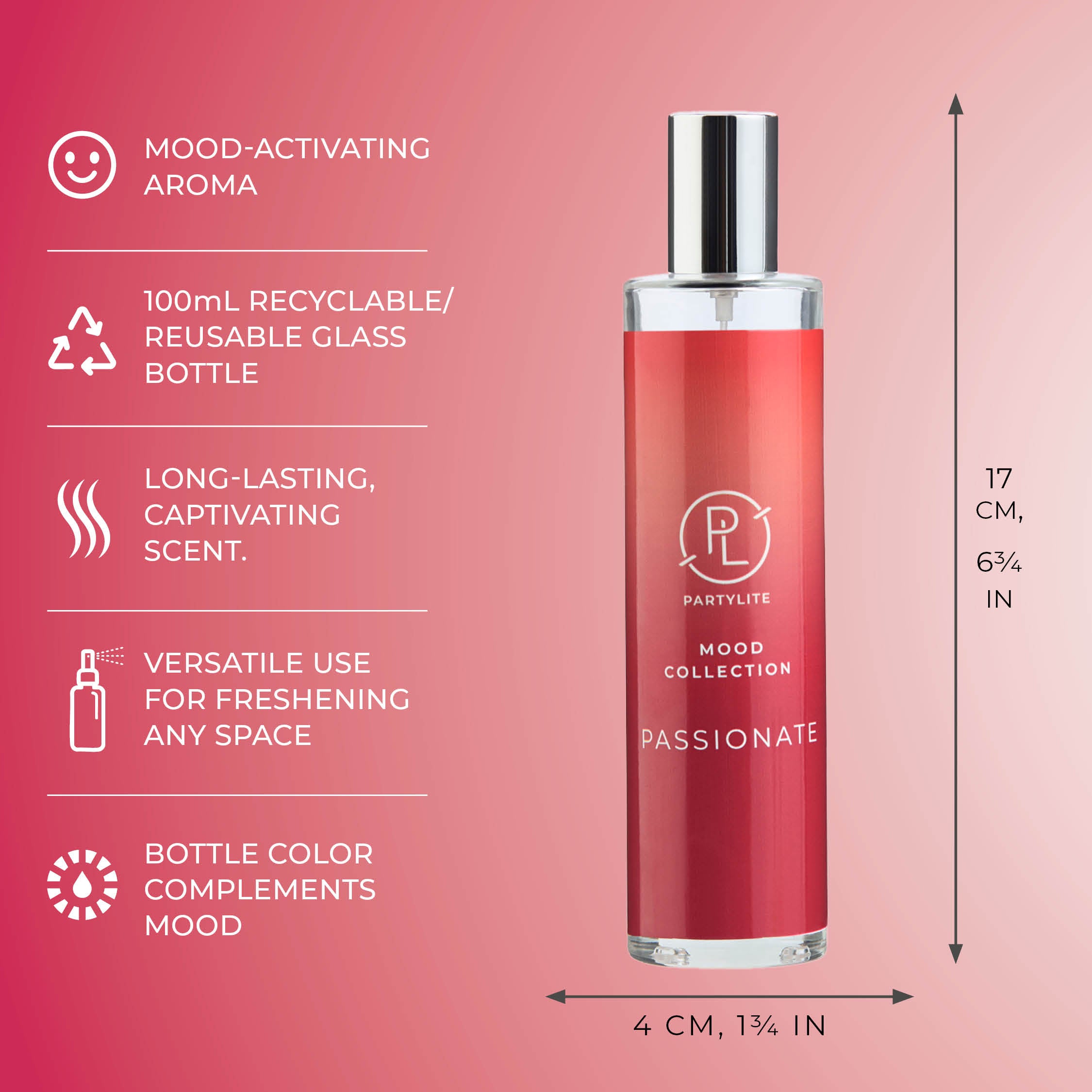 Red glass room spray bottle with silver cap on a pink background, featuring product details, of Passionate by Mood Collection.
