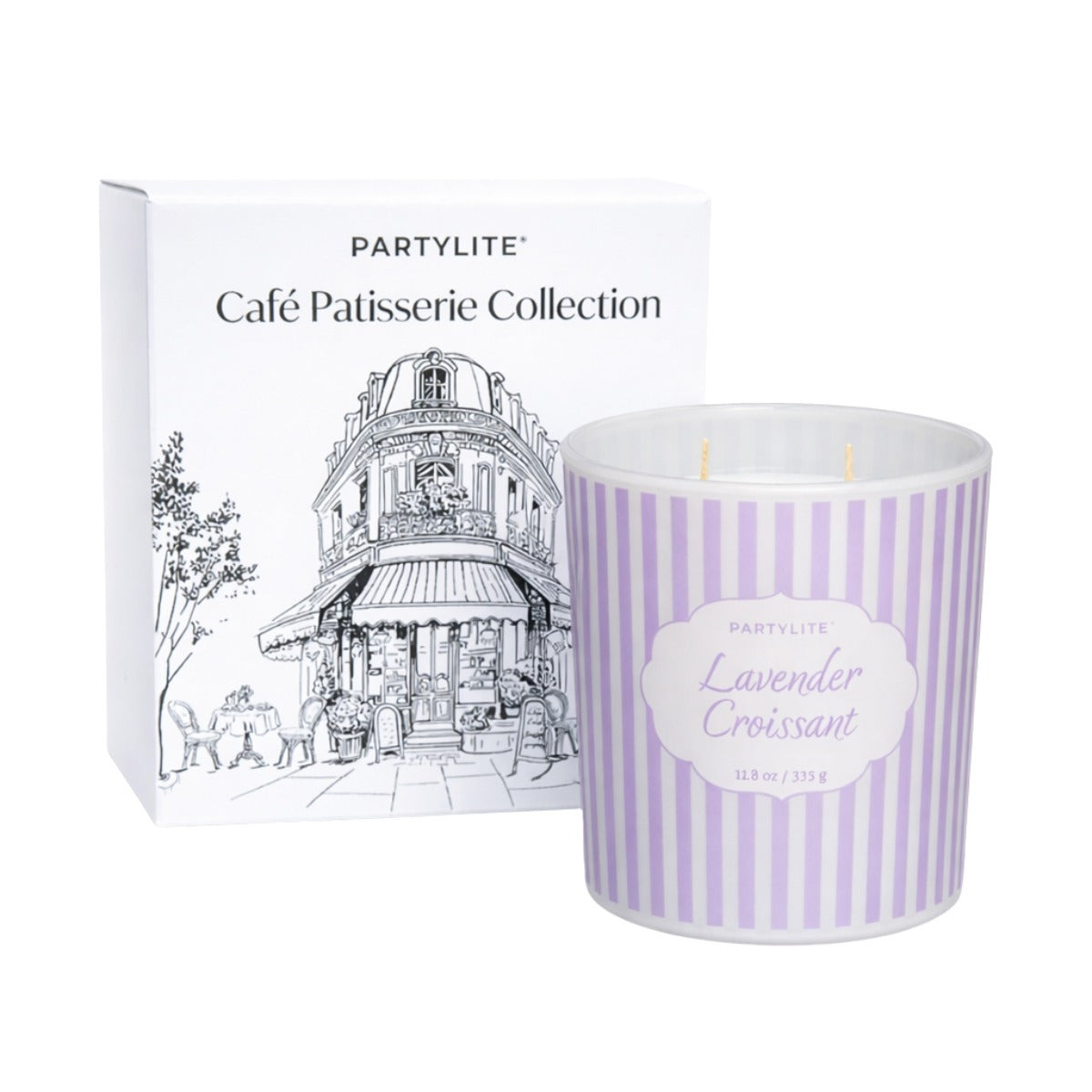 Lavender Croissant jar candle, Lilac and white stripes, packaging labelled 'Café Patisserie Collection' on a white background.