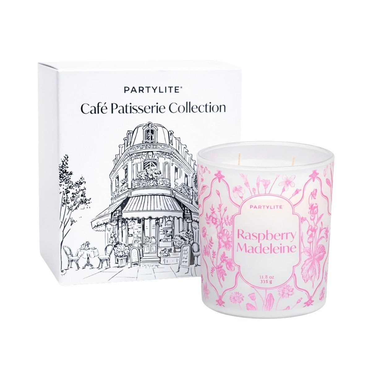 Raspberry Madeleine jar candle pink flowers on a white background, packaging labelled 'Café Patisserie Collection' against a white background.