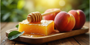 Honeycomb with honey and peaches on a wooden board