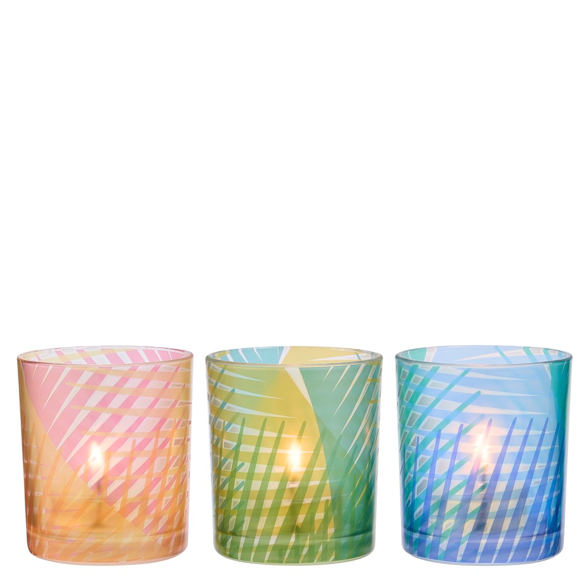 Tropical Palm Tealight/Votive Holder Trio against a white background