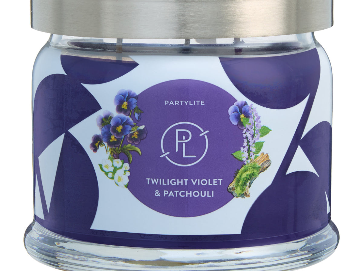 Twilight Violet and Patchouli purple 3-wick jar candle shown against a white background.