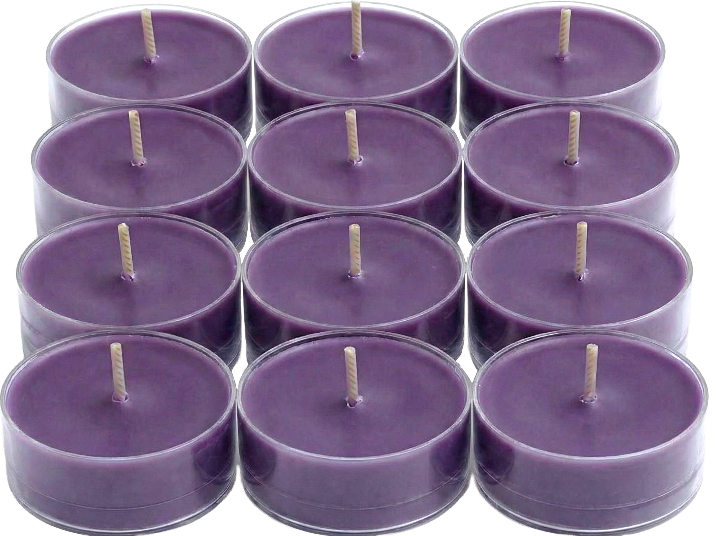 Twilight Violet and Patchouli purple tealights against a checked background.