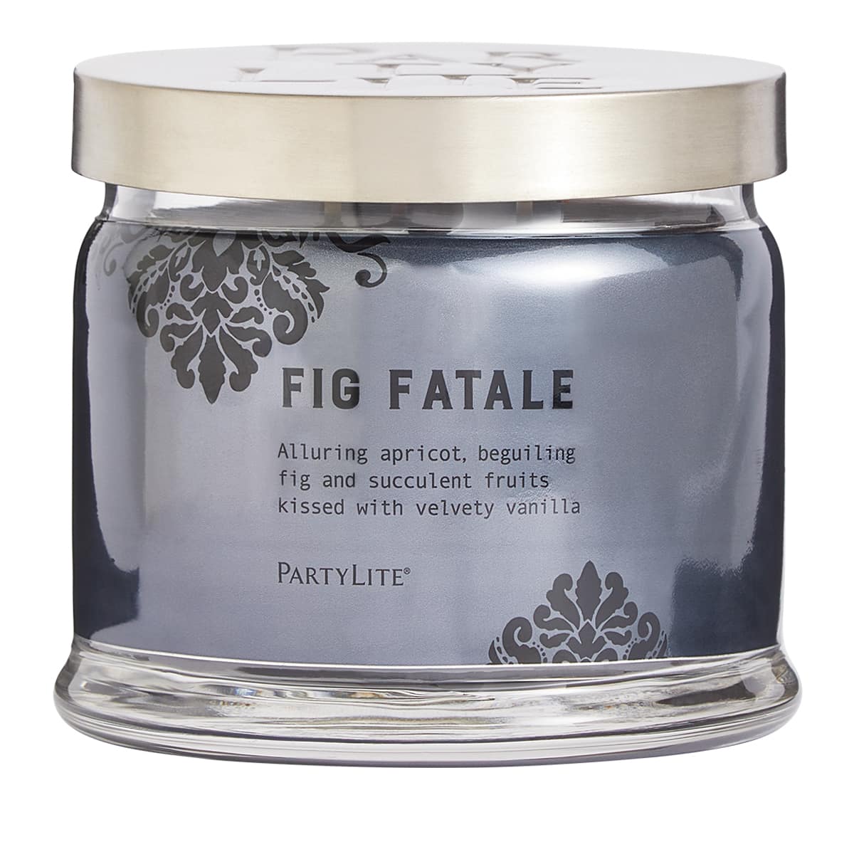 This is the main product image for the  Fig Fatale 3-wick Jar Candle. It's a jar candle with a dark colored wax, labeled 'FIG FATALE', with a decorative pattern on the jar and a silver lid.