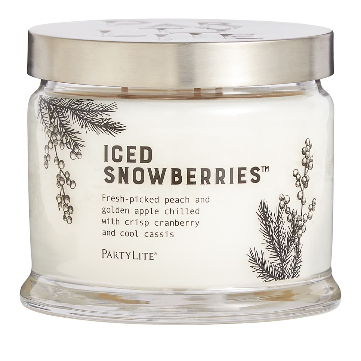 This is the main product image for the  Iced Snowberries 3-wick Jar Candle. It's a clear glass 3-wick jar candle labeled 'ICED SNOWBERRIES' with a silver lid and printed design featuring berries and foliage.