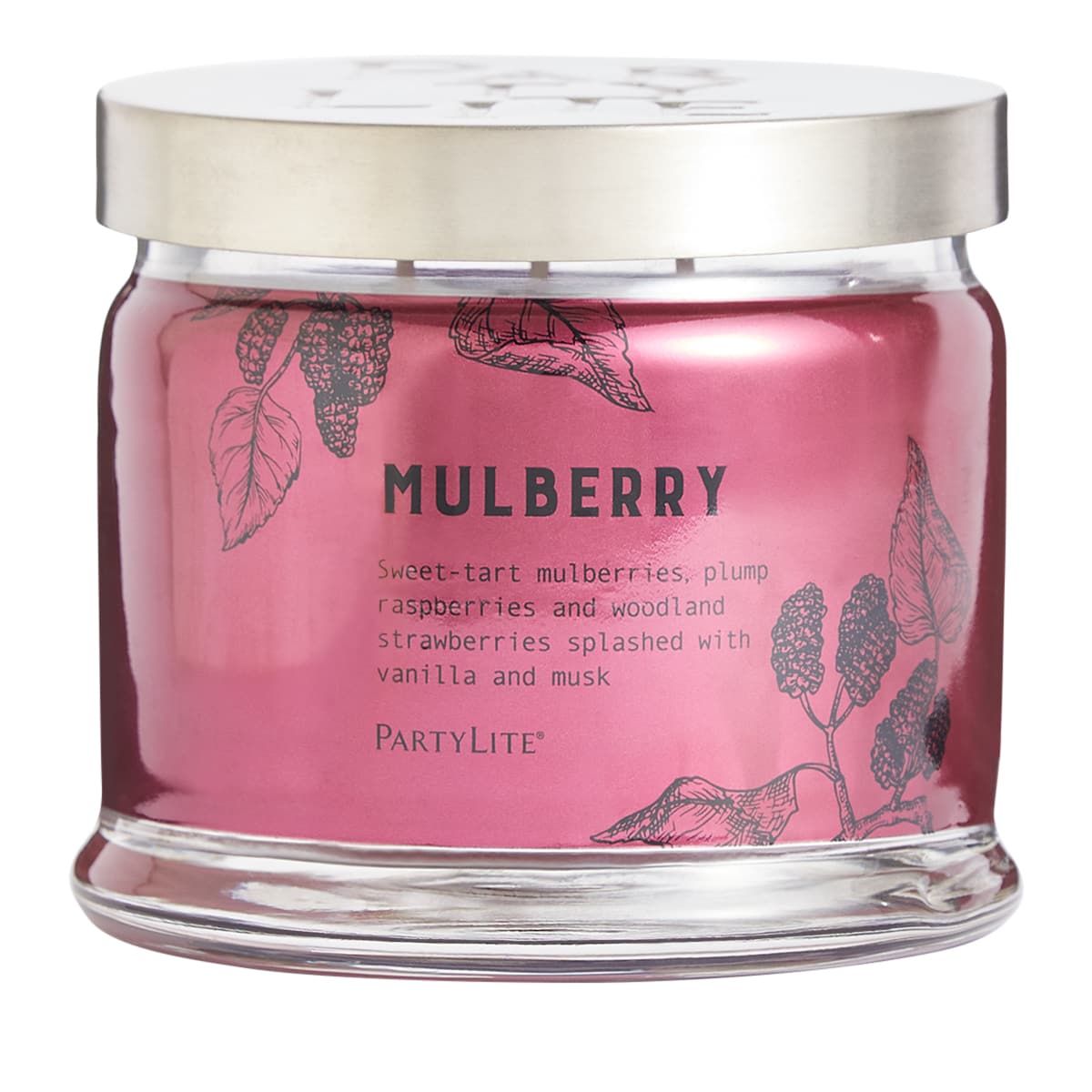 This is the main image for the Mulberry 3-Wick Jar Candle. It's a jar candle with a pink label and green leaves design, titled 'MULBERRY', with a silver lid on top.