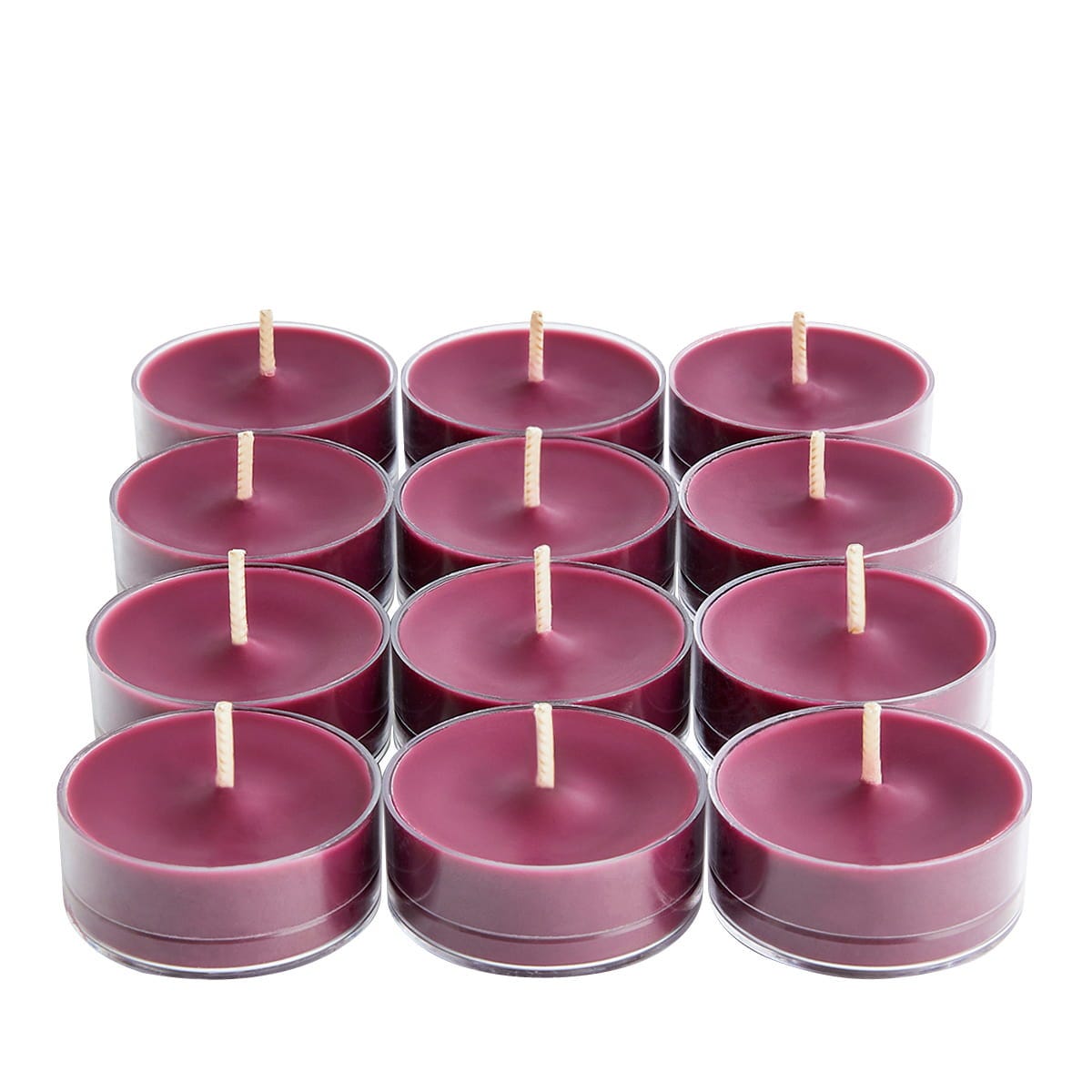 Twelve Black Forest Fruit Tealights against a white background.
