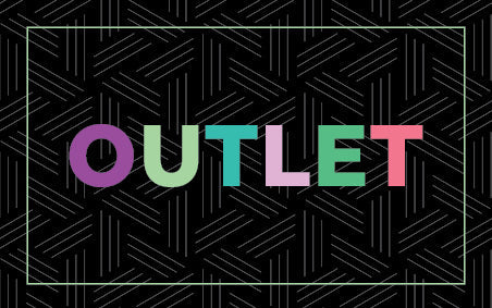 Colorful letters spelling "OUTLET" within a thin border with dark geometric designed background.