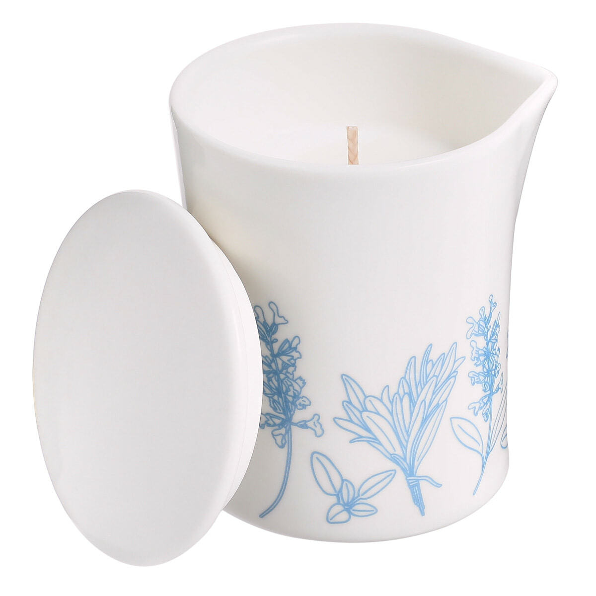 Sea Salt and Sage Massage candle in a white ceramic container with blue floral patterns on a white background.