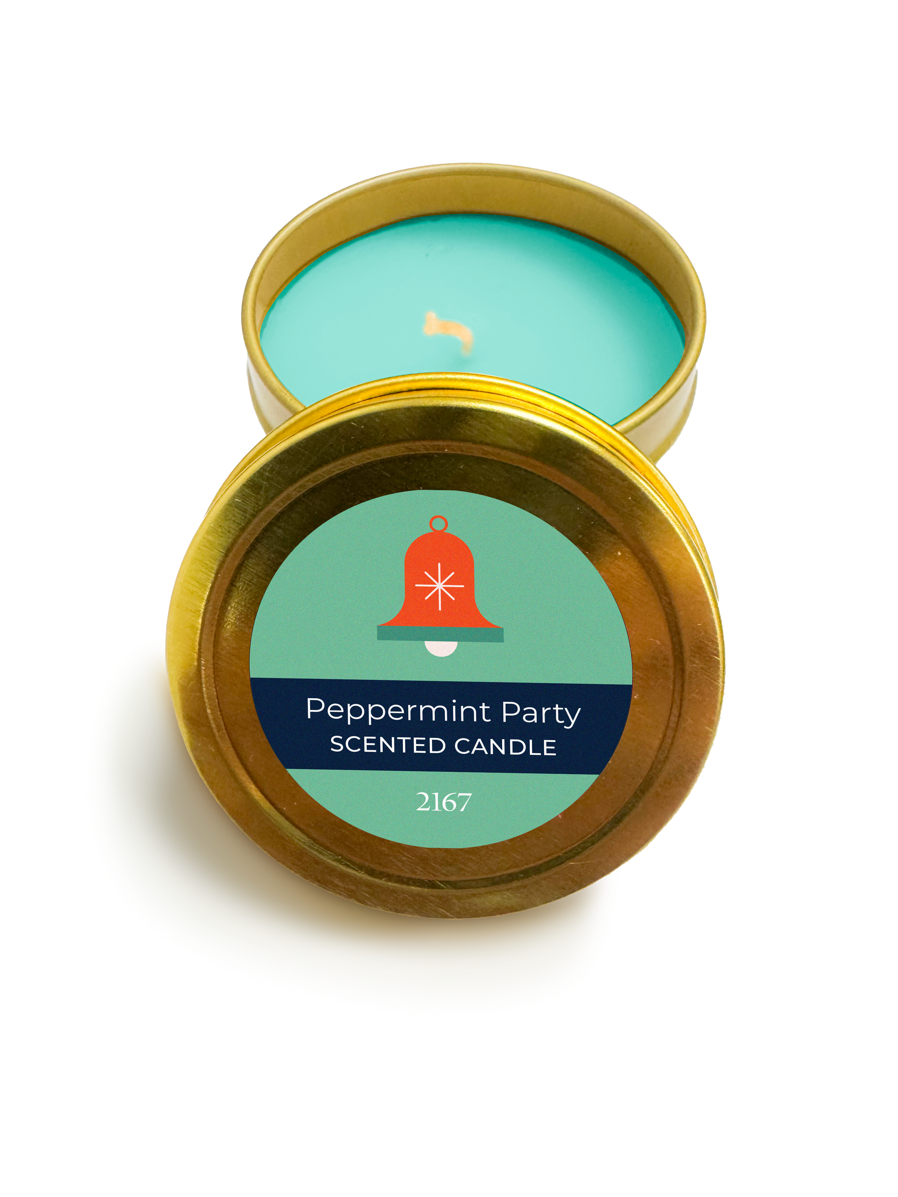 Peppermint Party scented candle in a gold tin with a green label on a white background