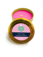 Pink Pear scented candle in a gold tin with a label on a white background